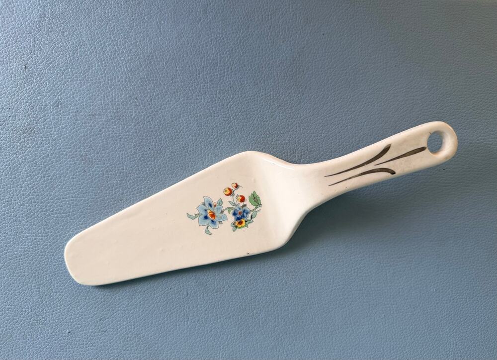 Vintage White Ceramic Cake Server Hand Painted Floral French Country Style